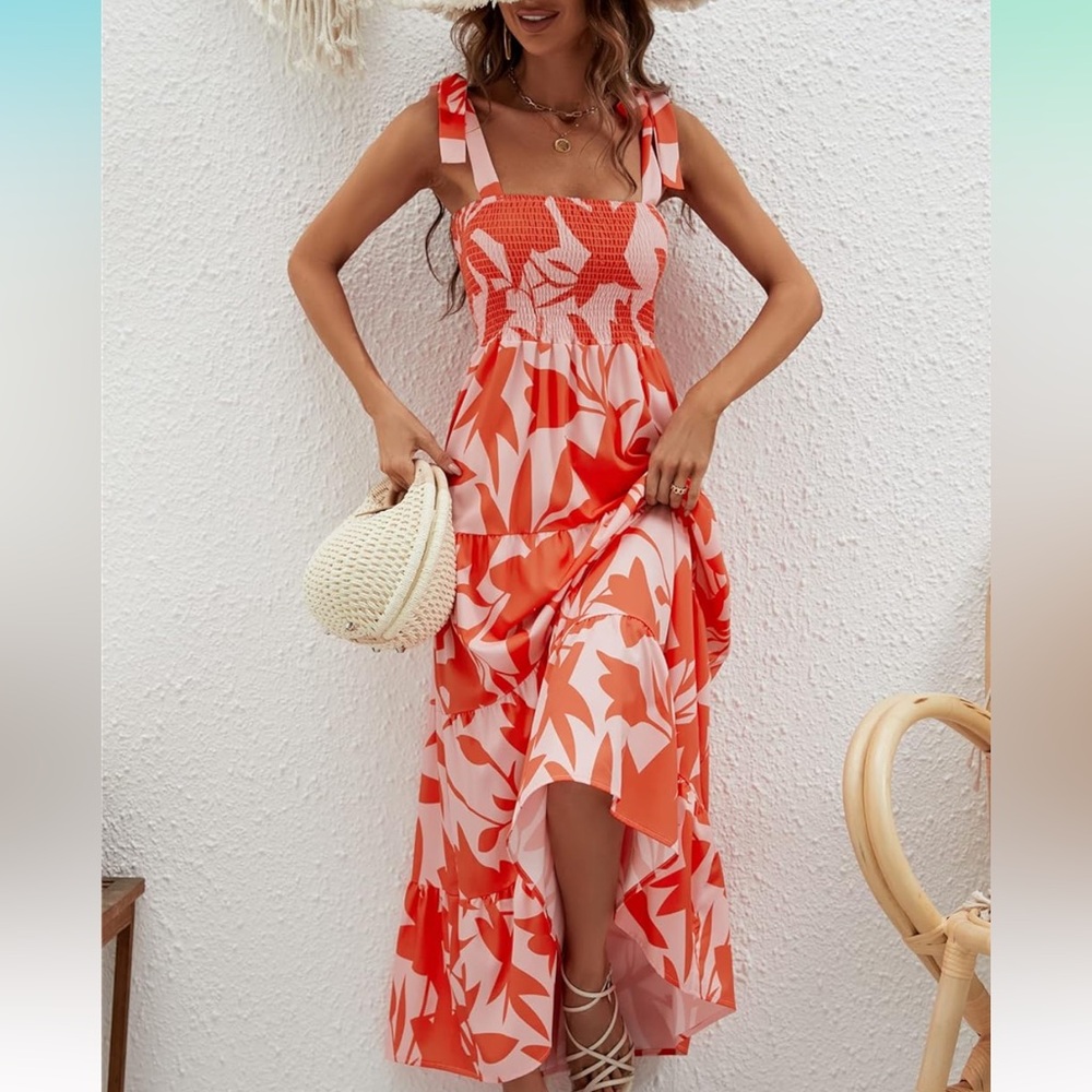 Women's Summer Boho Spaghetti Strap Square Neck Ruffle Flowy Party Maxi Dress